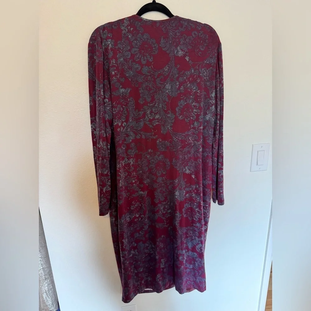 Peruvian Connection Faux Wrap Dress Lined Purple Blue Damask XL Stretch EUC - Picture 2 of 5